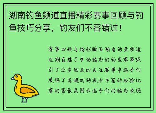 湖南钓鱼频道直播精彩赛事回顾与钓鱼技巧分享，钓友们不容错过！