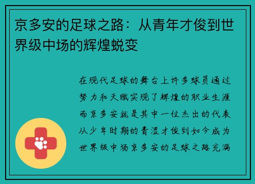京多安的足球之路：从青年才俊到世界级中场的辉煌蜕变